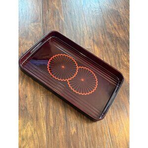 Vintage MCM Rectangular Lacquered Serving Tray Red Floral Design Made In Japan